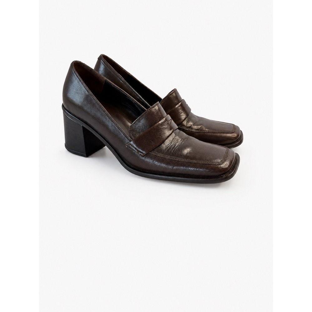 Charles David Brown Leather Loafer Heels Size 6.5 Chunky Heel 90s Y2K Preppy